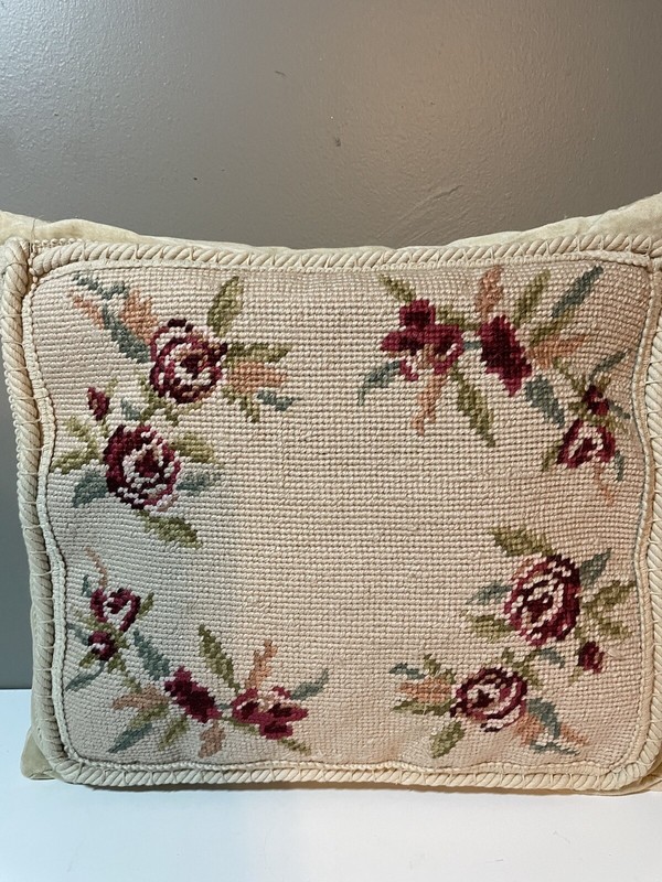 Petit Point Needlepoint Accent Pillow Simply Shabby Chic Cottage Floral Roses gallery