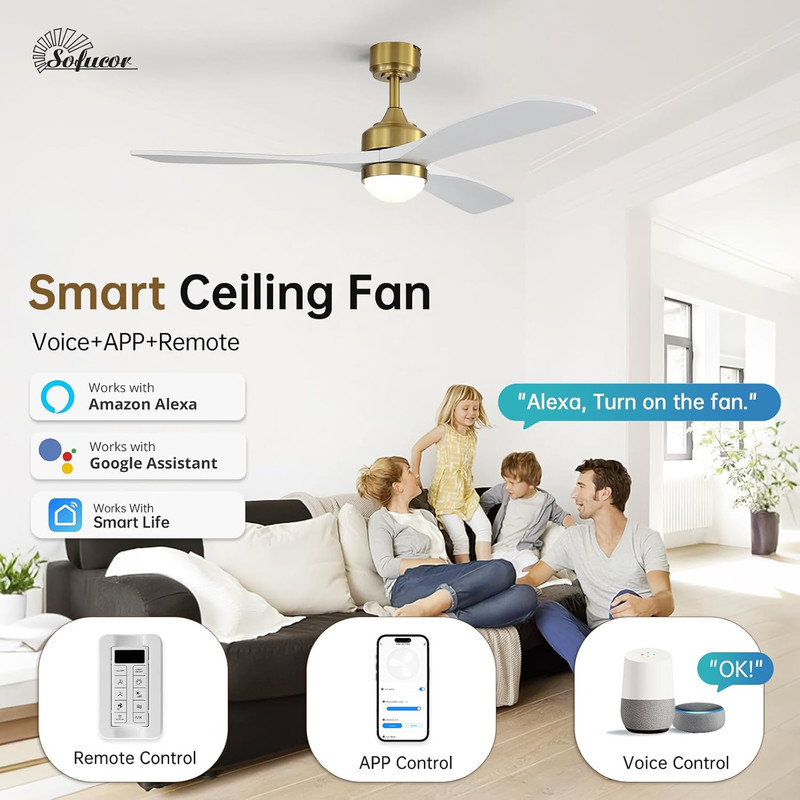 Sofucor 52" Smart Wood Ceiling Fans Lights, Flush Mount & Downrod Mount, 3 Wood gallery