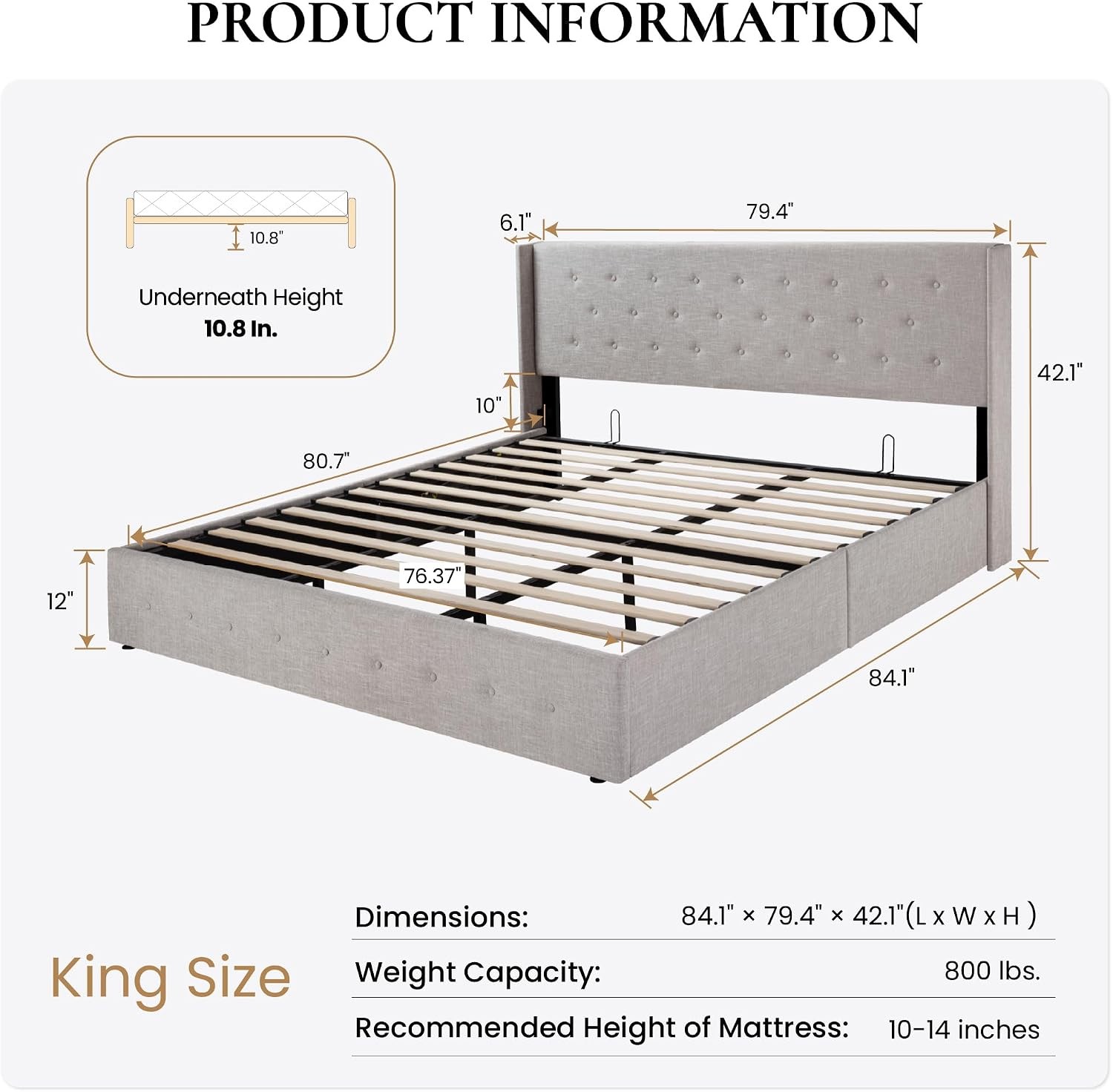 SHA CERLIN King Lift Up Storage Bed Frame Tufted gallery
