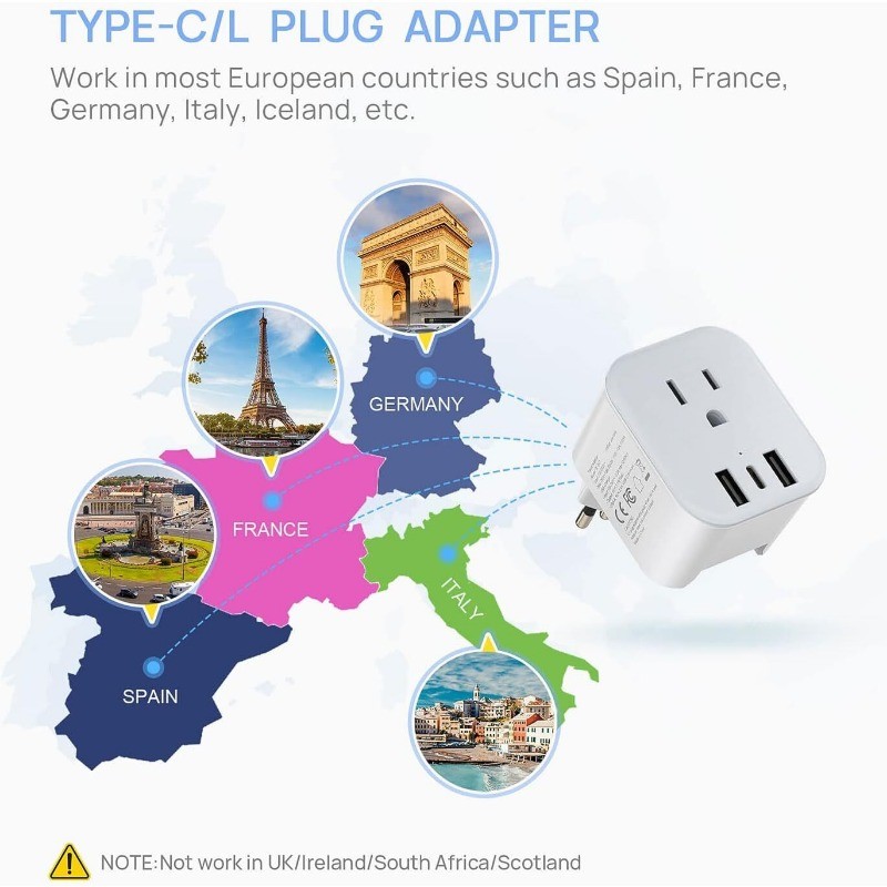 2 pack European Travel Plug Adapter Foldable 3 in 1 for US to EU outlets gallery