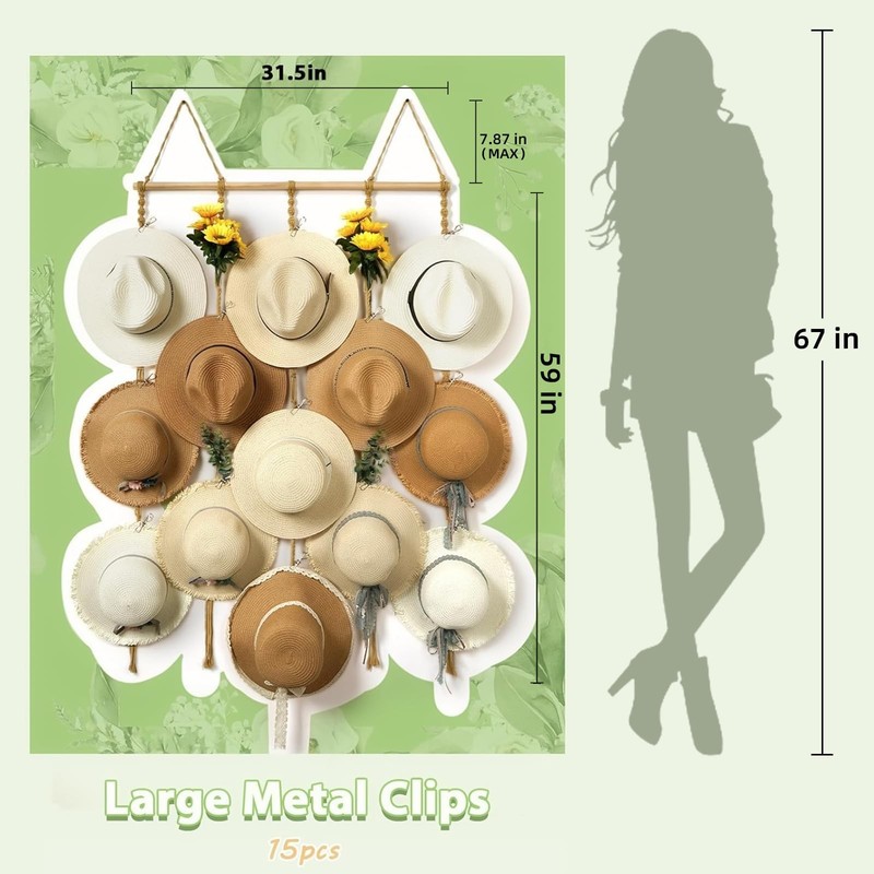 Macrame Hat Organizer Rack for Wall 15 Clips 31x66in Large Fedora Hat Hangers... gallery