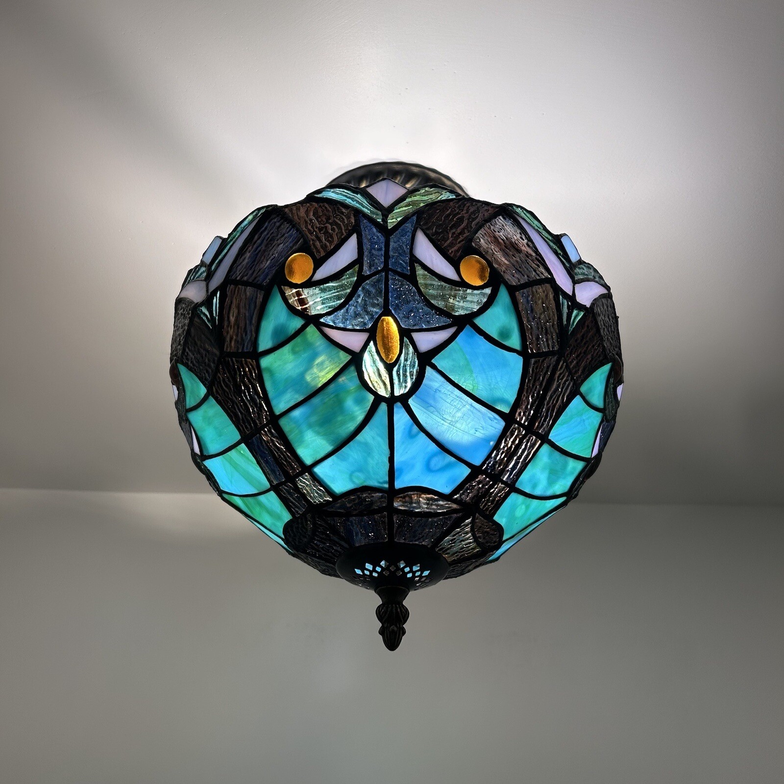Tiffany Style Ceiling Light Fixture Green Brown Stained Glass LED Bulbs 12"H12"W gallery