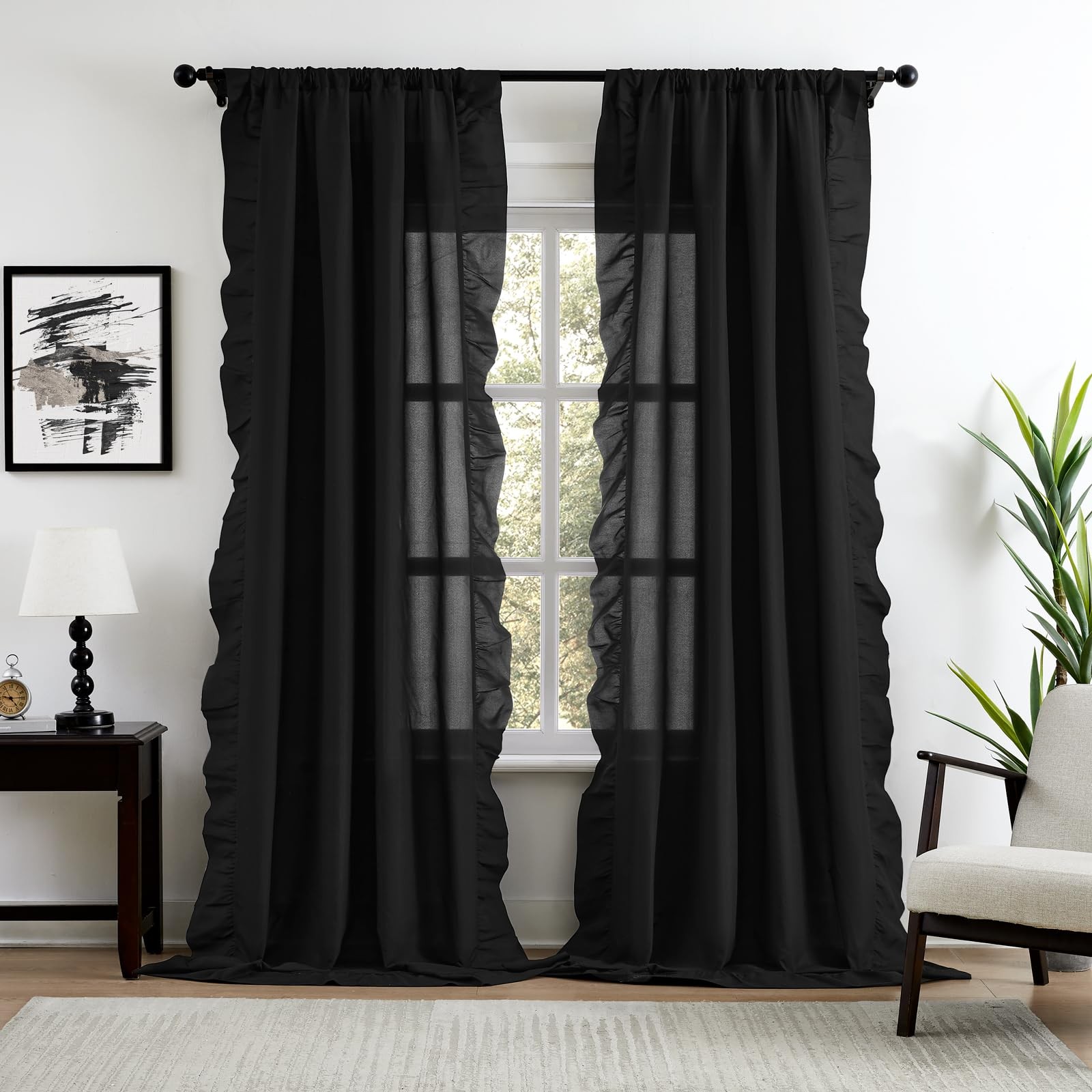 Seekright Black Ruffle Curtains 108 Inches Long 2 Panels For Living Room gallery