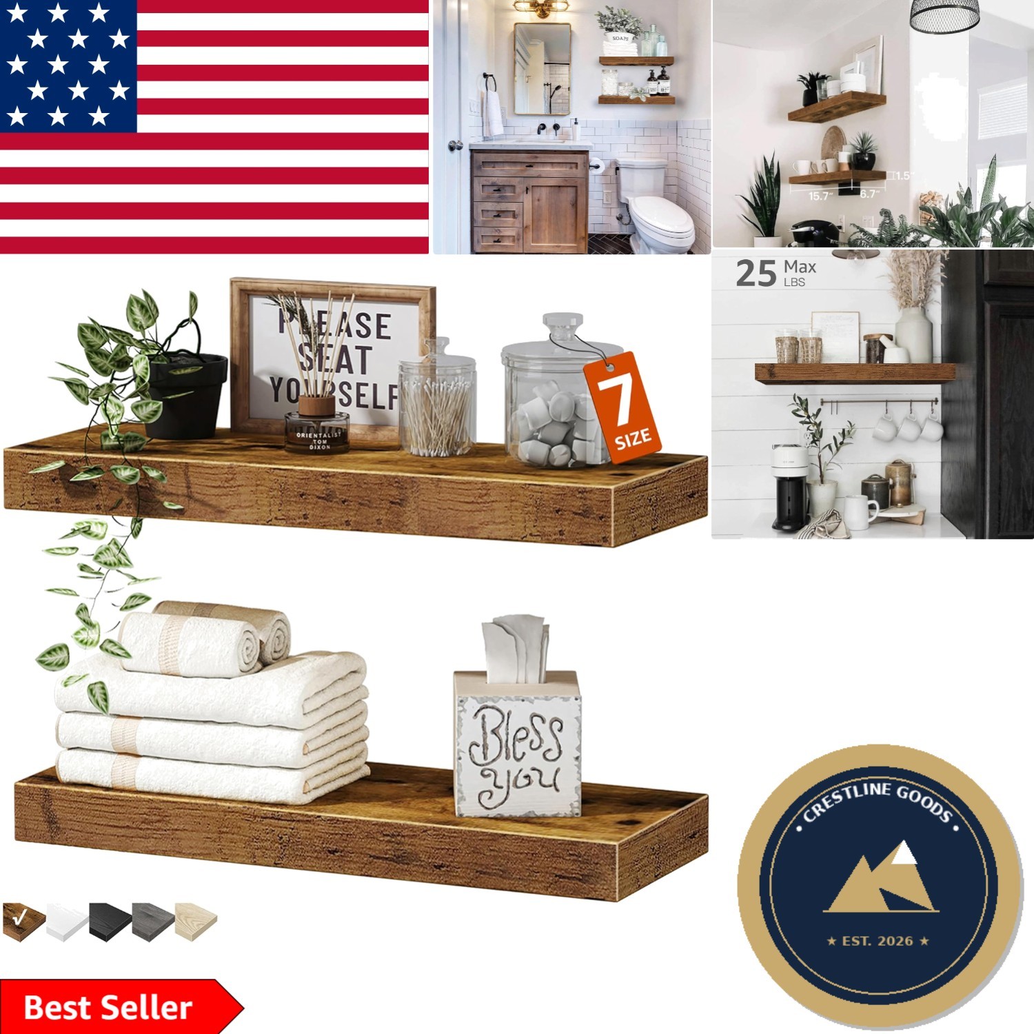 15.7" Farmhouse Floating Shelves - Space-Saving Wall-Mounted Storage Solution gallery