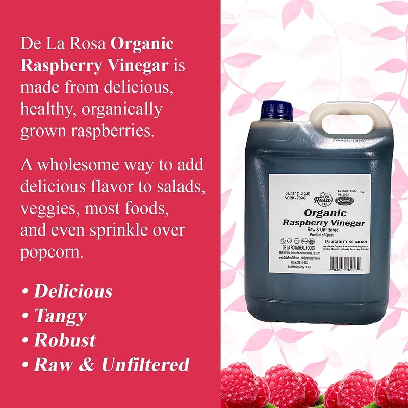 De La Rosa Organic Raspberry Vinegar, Raw,Kosher,Salad Dressing, 5Liters(1 pack) gallery
