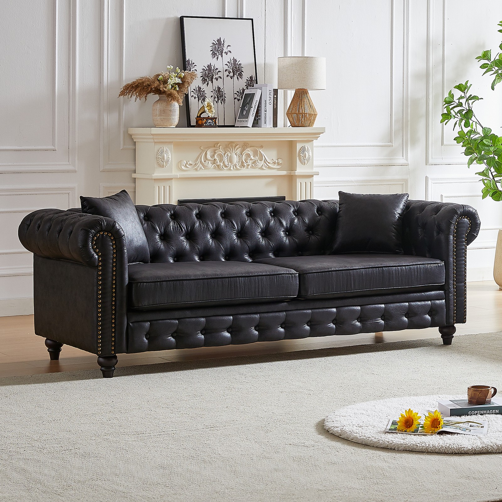 85.5" 3-Seater Chesterfield Sofa Couch High-tech Fabric Button Tufted Sofa Black gallery