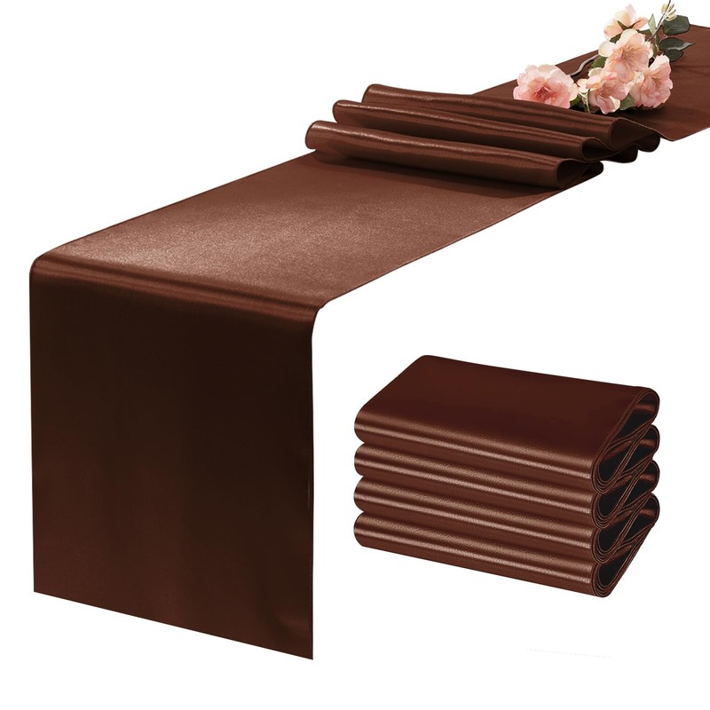 5 Pack Chocolate Brown Satin Table Runners 12 x 108 Inch Bright Satin Silk Ta... gallery