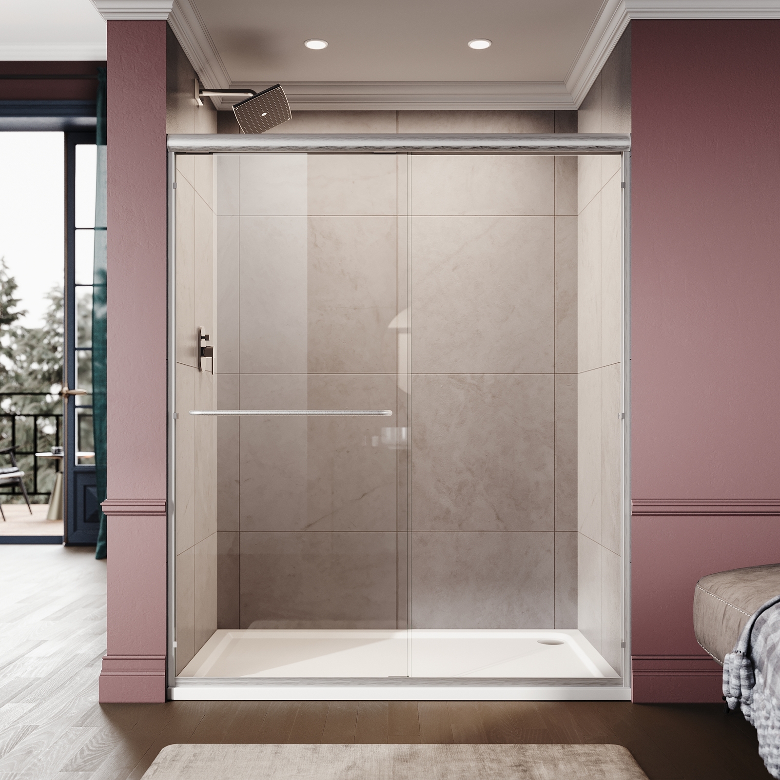 ELEGANT Semi-Frameless Double Sliding Shower Doors 54"W x 72"H 1/4" Clear Glass gallery