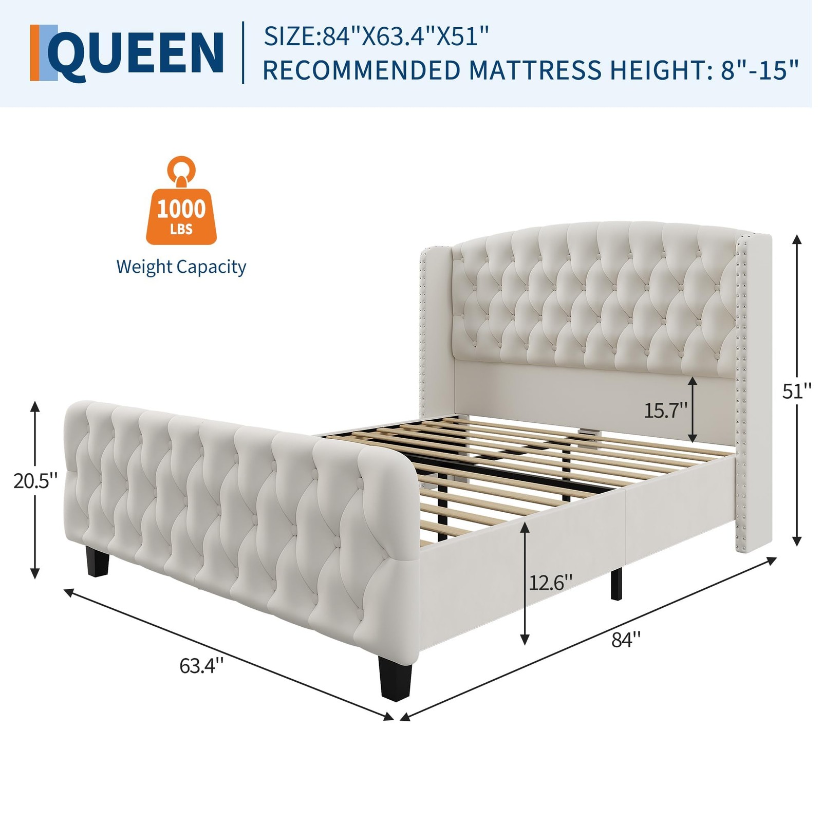 51" Tall Queen King Size Bed Frame w/ Wingback Headboard Velvet Upholstered Bed gallery