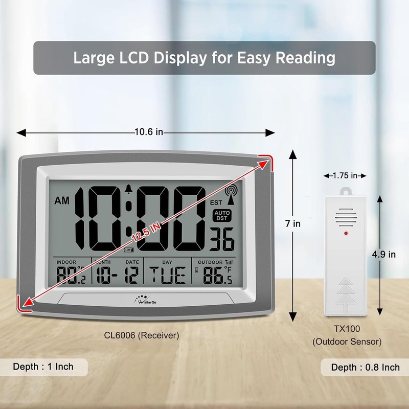 WallarGe Atomic Clock with Outdoor and Indoor Temperature - 12.5 Inch Self-Setti gallery