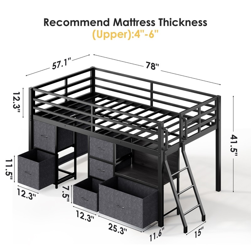 Full Size Low Loft Bed with 6 Storage Drawers, Bookcase, LED Lights Play Curtain gallery