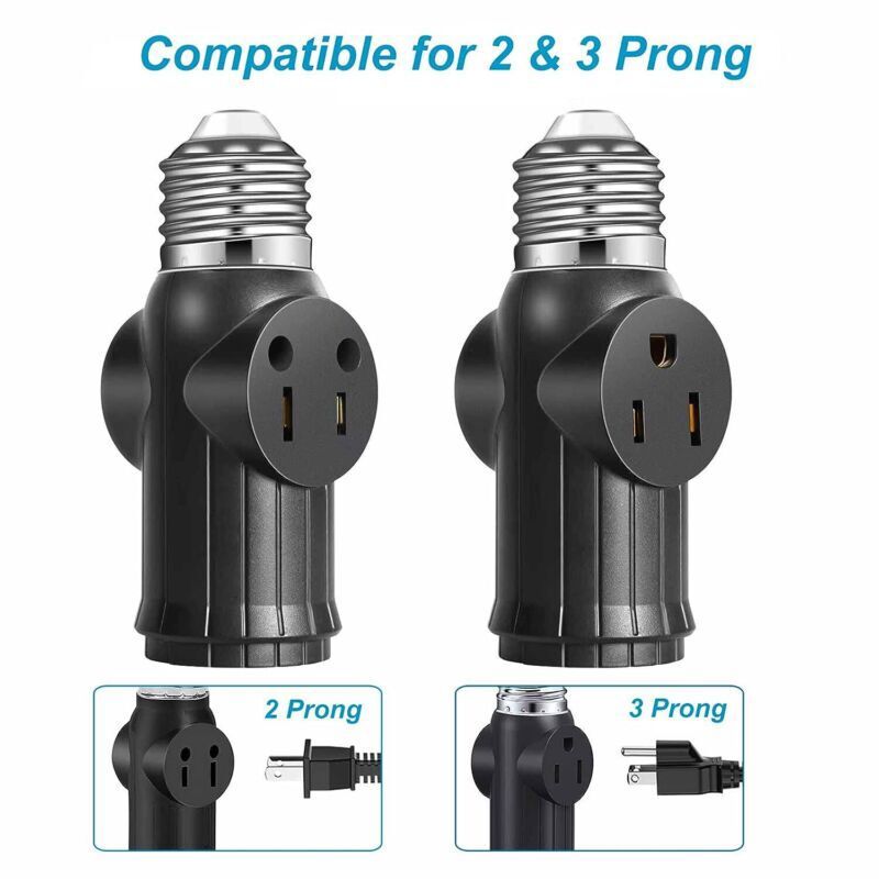 2× 2/3 Prong Light Socket Outlet E26 E27 Light Socket to Plug Adapter Convert gallery