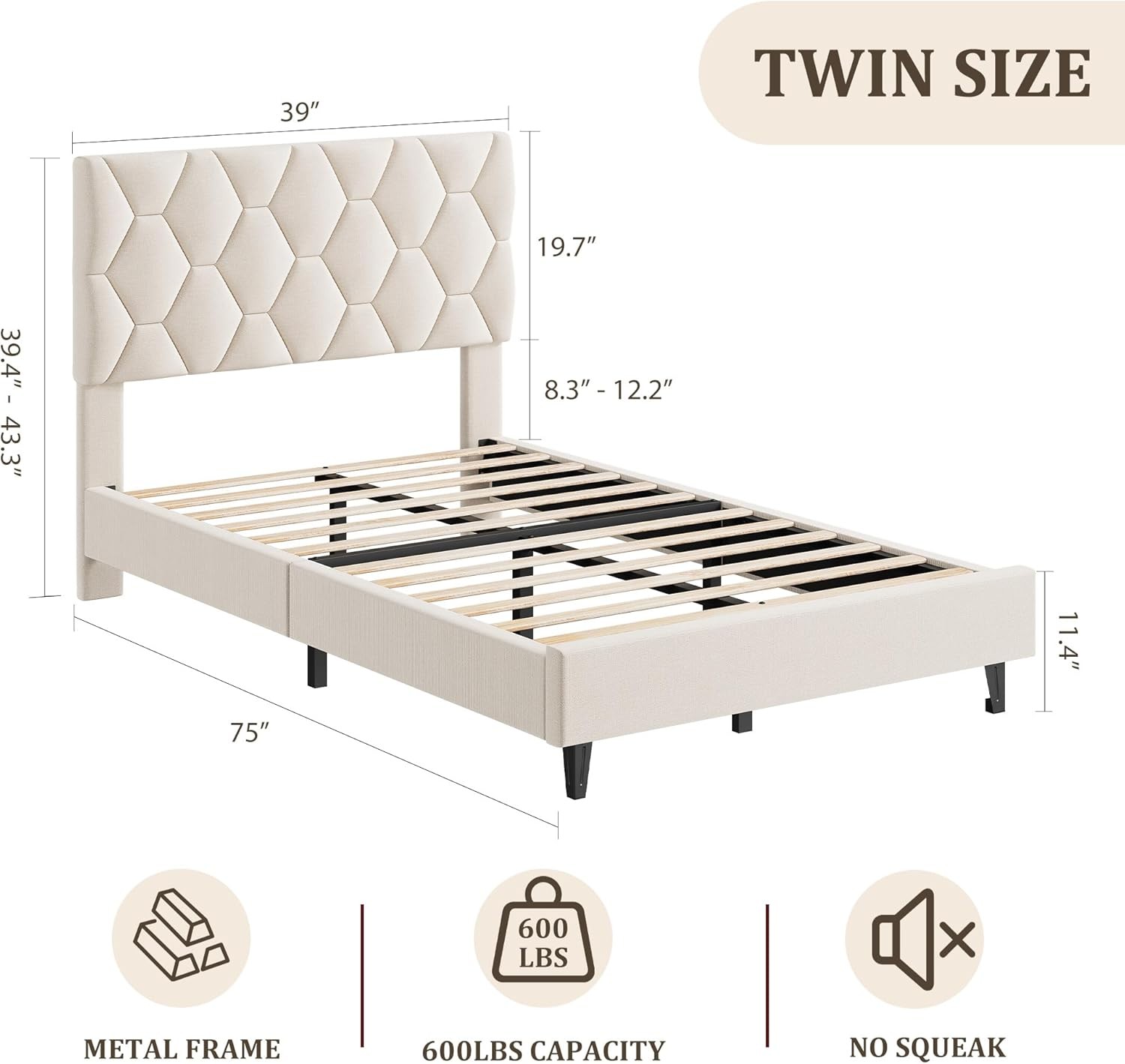 Twin/Full/Queen Size Bed Frame Platform with Upholstered Headboard & Wooden Slat gallery