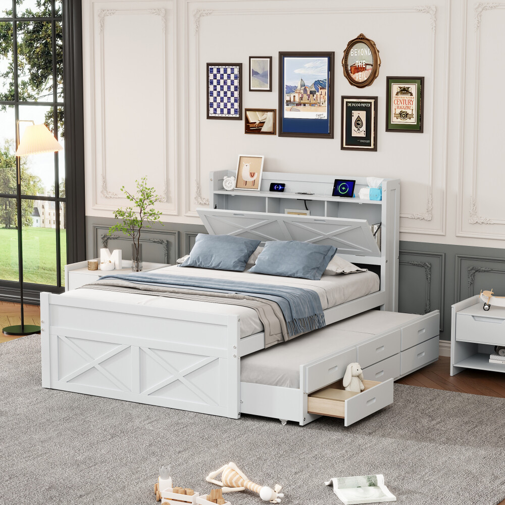 Full Size Extendable Wooden Bed w Outlets, Twin Size Trundle & 3 Drawers,White gallery