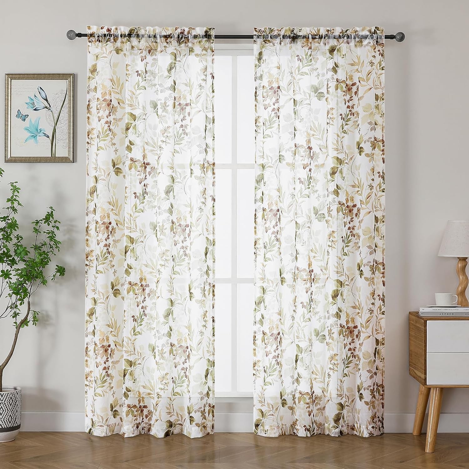 Crushed Semi Sheer Curtains 72 Inch Length 2 Panels Set, Printing Floral Pattern gallery