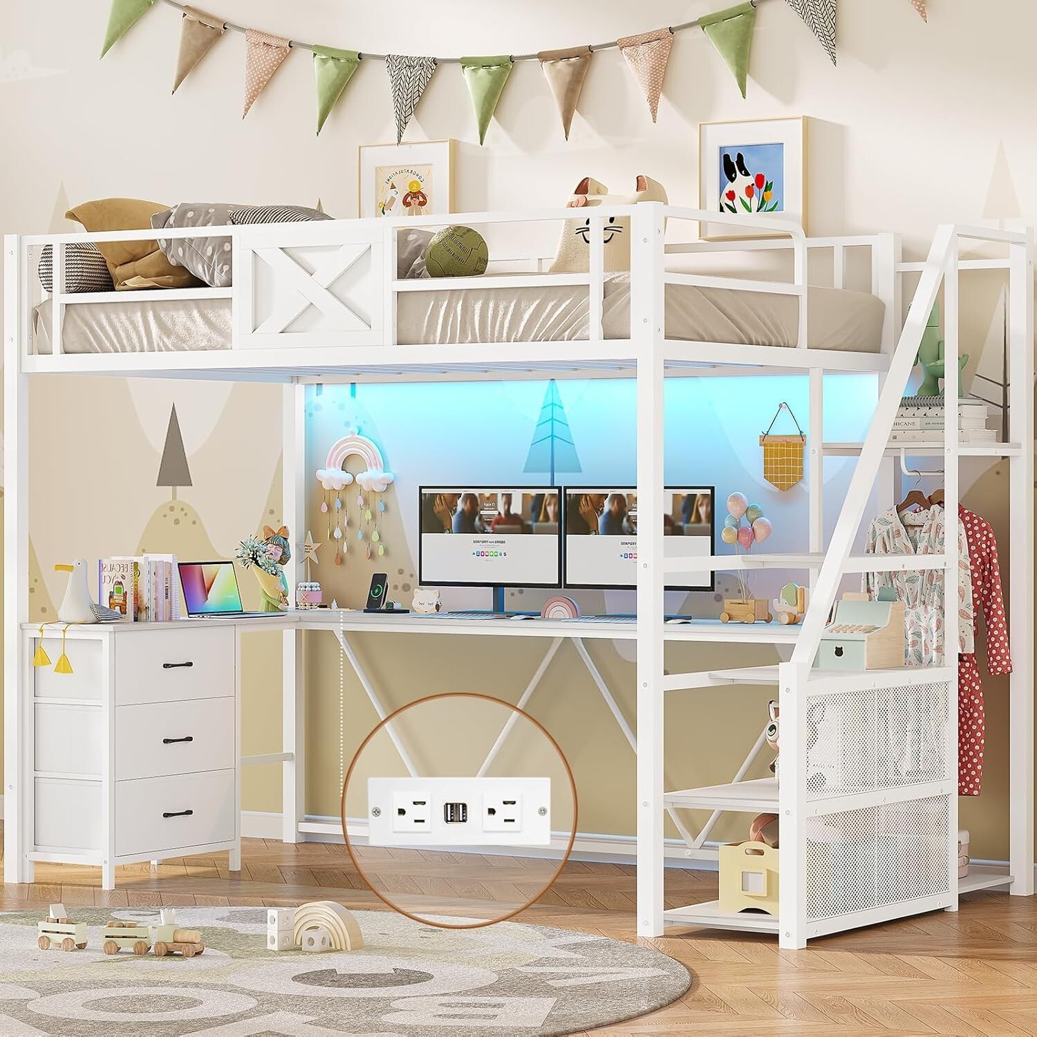 Twin Size Loft Bed with L Shaped Desk, LED Lights and Storage Stairs (White) gallery