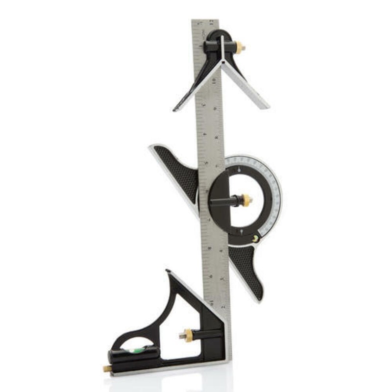 12" Combination Tri Square w Stainless Steel Ruler, Protractor & Centering Heads gallery