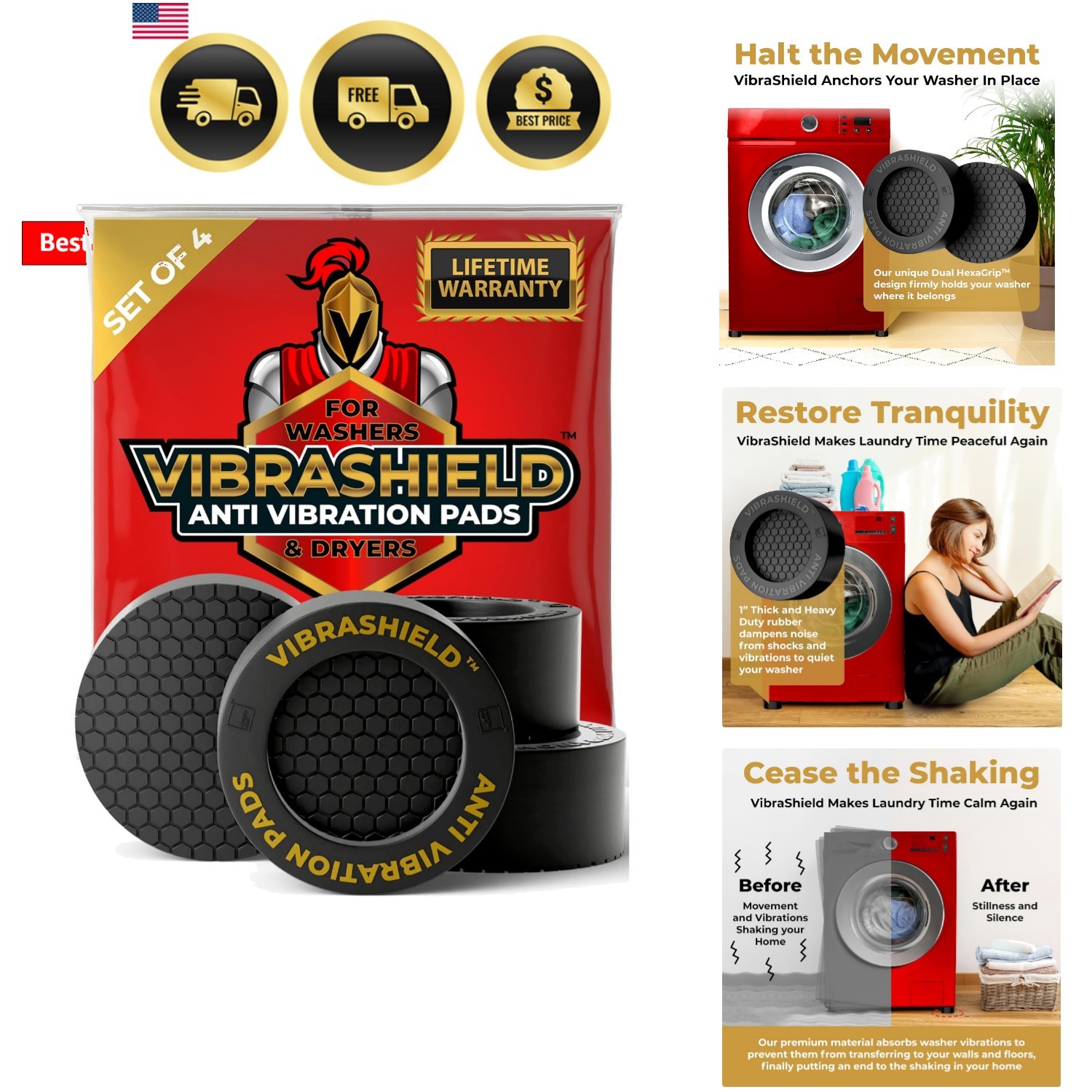 Anti Vibration Pads for Washing Machine with HexaGrip - Stops Washer Dryer Mo... gallery