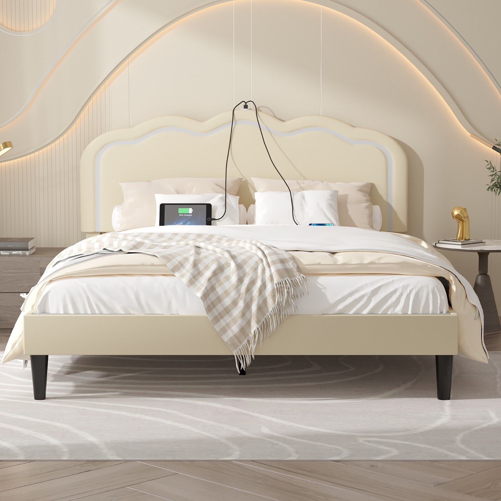 LED Light Queen Full Twin Size Bed Frame Charging Station Headboard Platform gallery