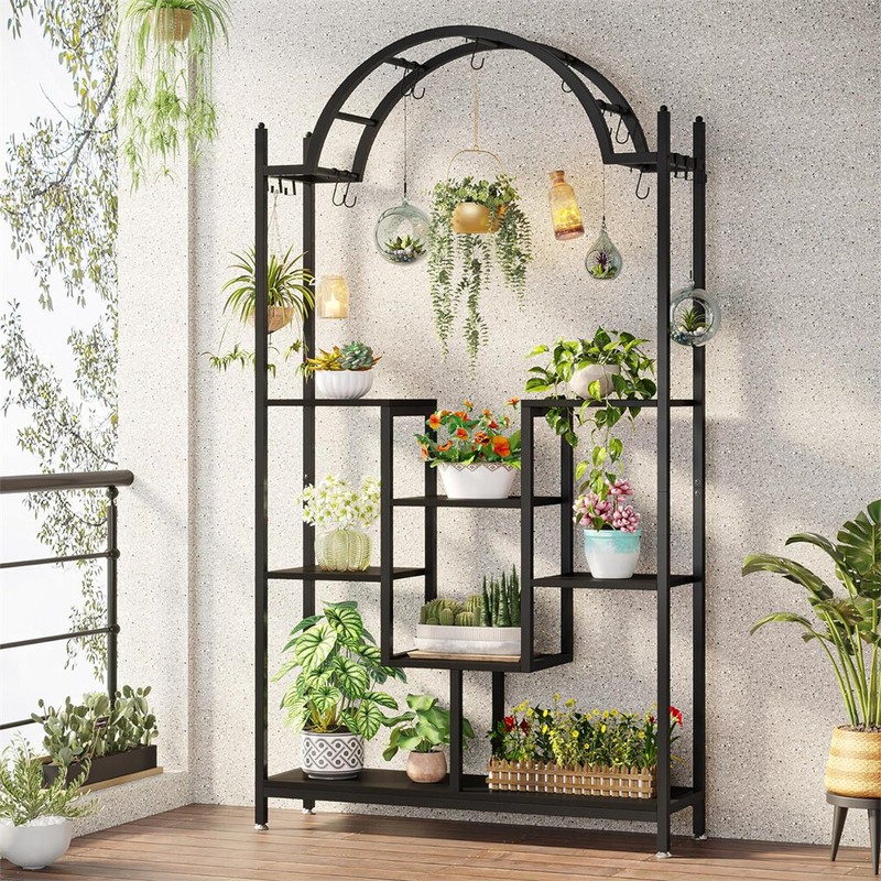 Extra Large Plant Stand Arched Metal Bonsai Flower Shelf w/ Hanging Hooks Garden gallery