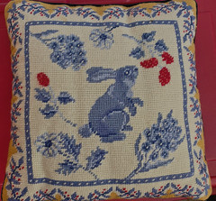 VTG Wool Needlepoint Bunny Rabbit Throw Decor Pillow Velvet Back Farm Country