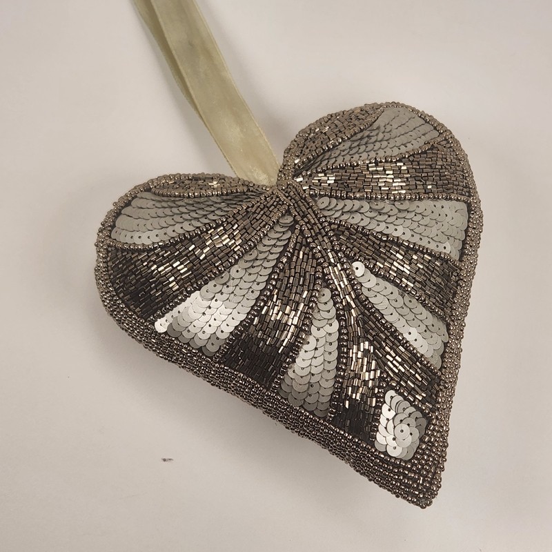 Silver Matte Sequin & Beaded Puffy Heart Hanging Valentine's Day Door Pillow 6" gallery
