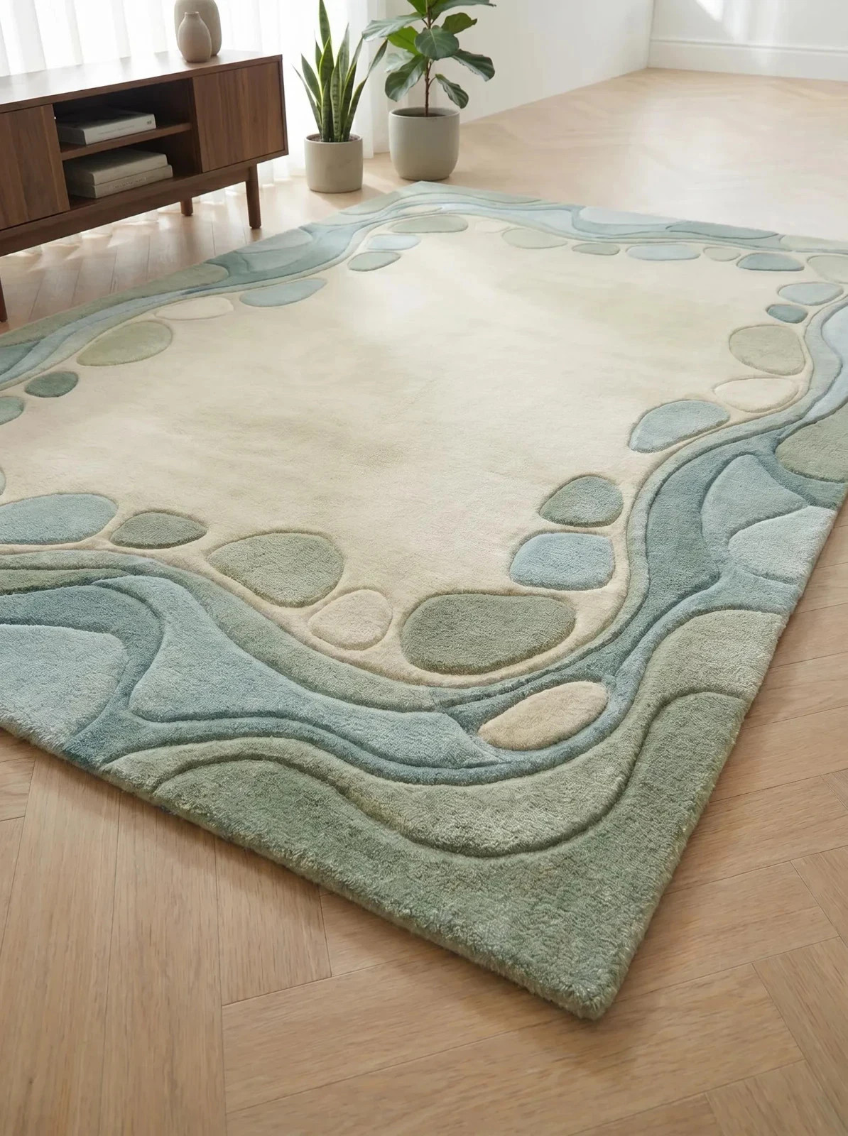 Hand Tufted Abstract Pebble Border Wool Area Modern Scandinavian Handmade Carpet gallery