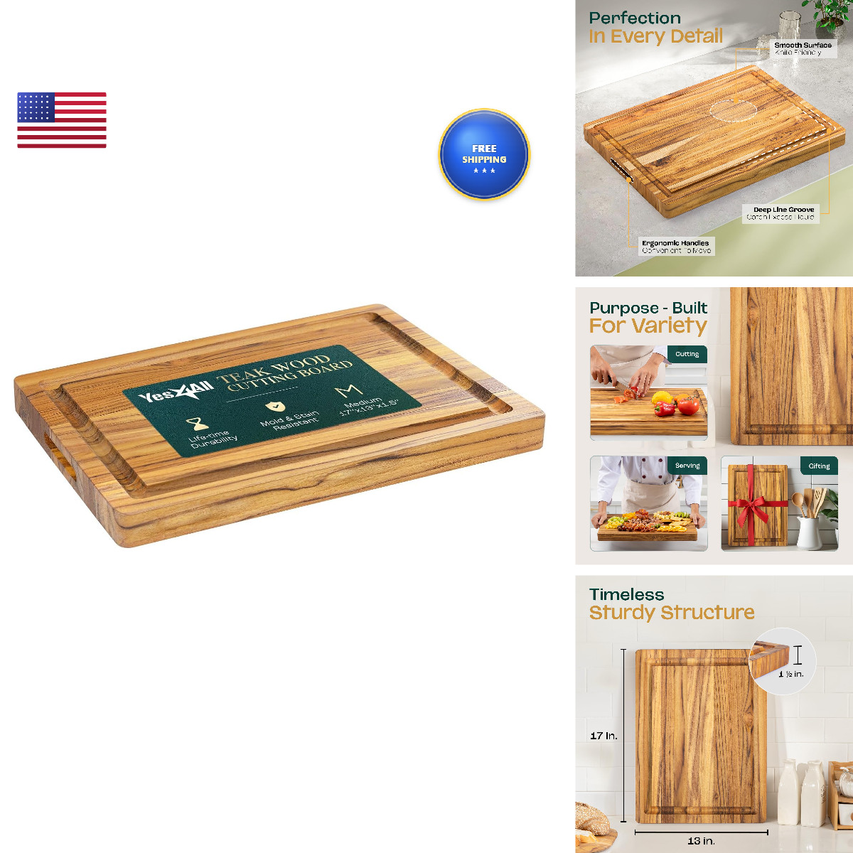 Yes4All Durable Teak Cutting Boards For Kitchen16.5L X 13W X 1.5Thick Medium gallery