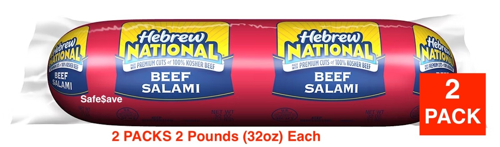 2-PACK 2 Lbs Each Hebrew National Salami, Beef Salame Total Weight 64 oz (4 Lbs) gallery