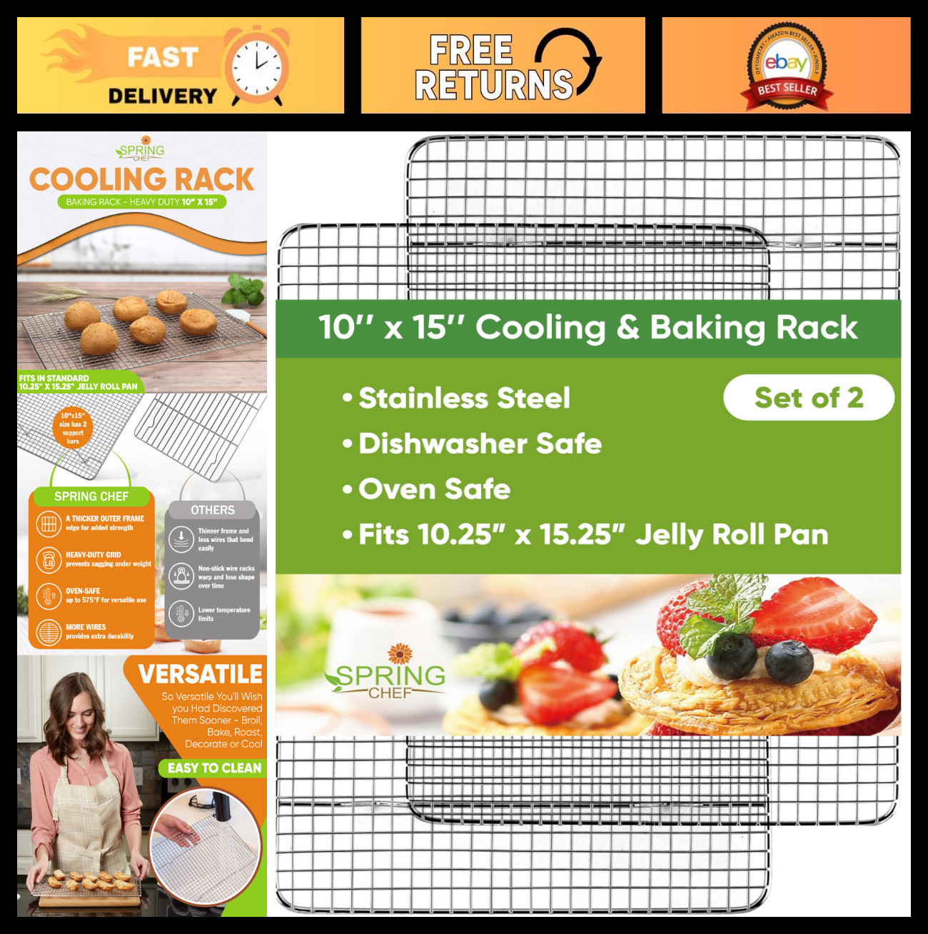 10" x 15" Stainless Steel Cooling Racks - Oven Safe Baking & Grilling Set of 2 gallery
