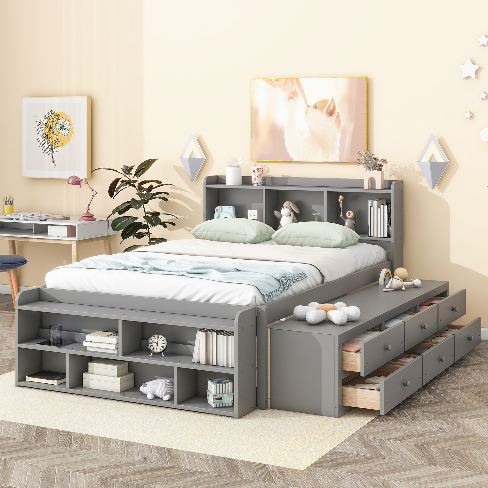 Wooden Full Size Bed Frame with Bookcase Storage Headboard and Drawers/Case Gray gallery