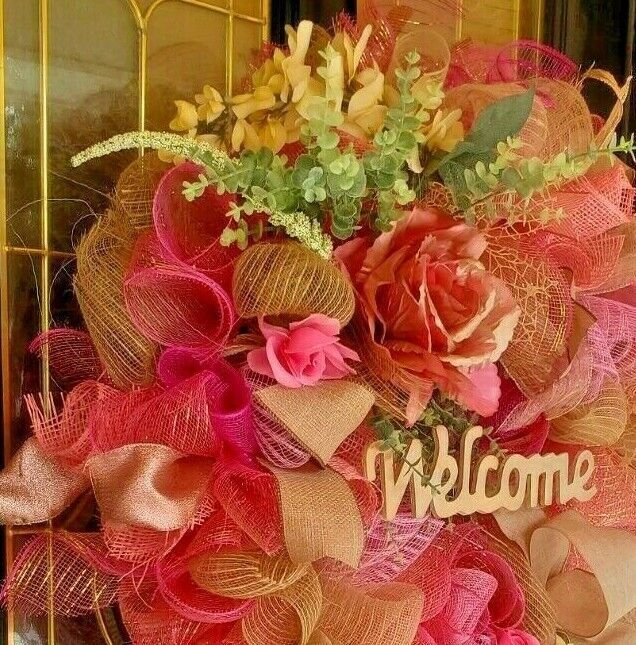 Large Spring Summer Burlap Deco Mesh Wreath Pink Rose Farmhouse Front Door Decor gallery