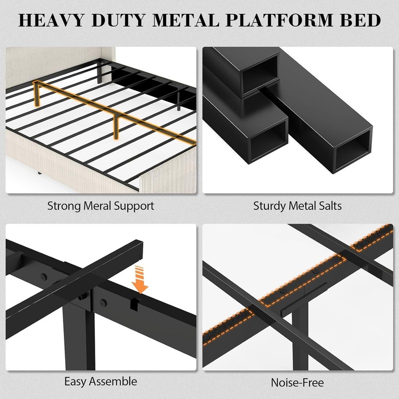 Wingback King Size Bed Frame Platform Bed with Corduroy Upholstered Headboard gallery