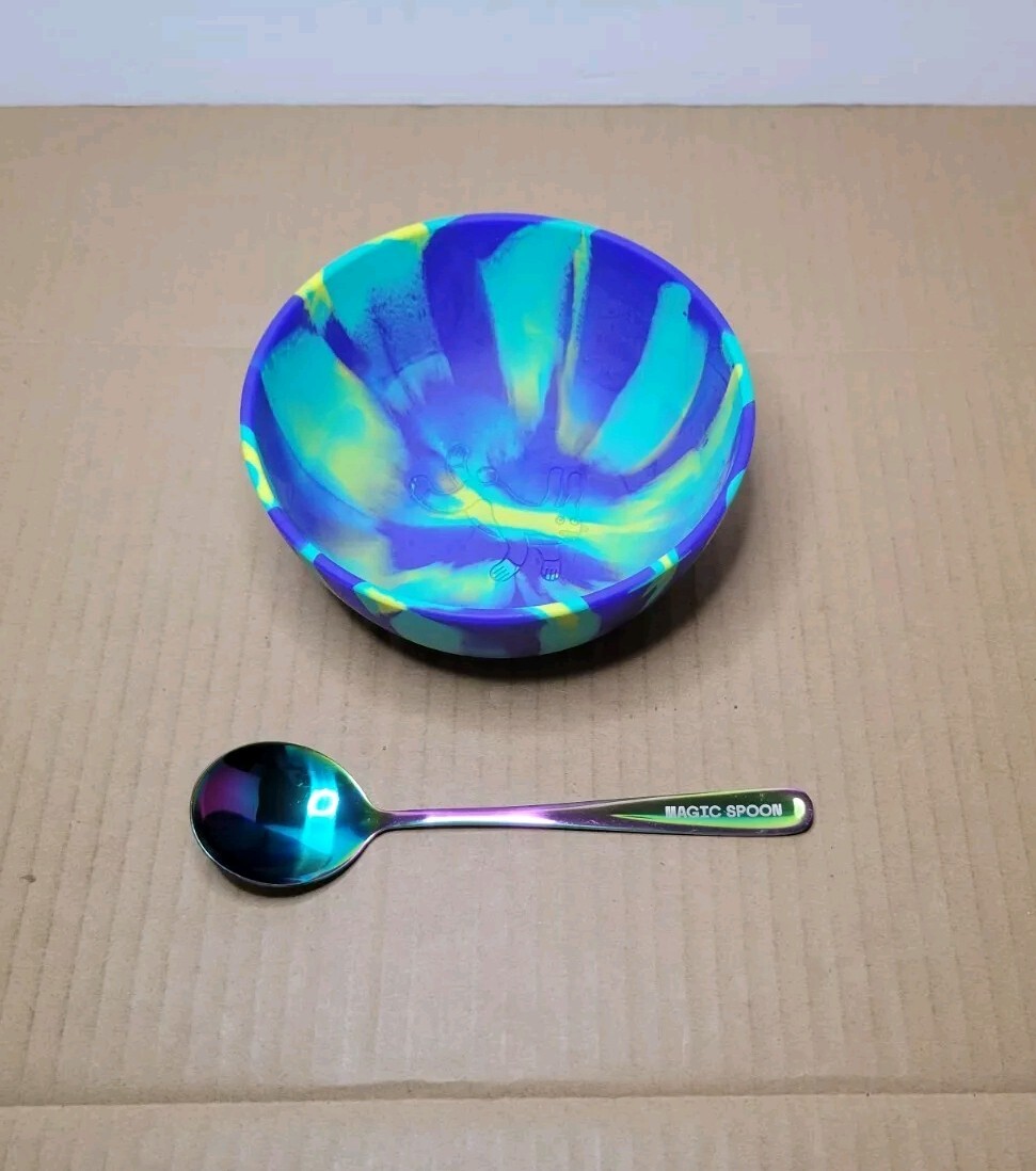 Magic Spoon 6" Purple / Teal / Yellow Silicone Cereal Bowl w/ Spoon! Bunny Print gallery