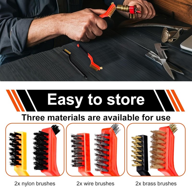 6 Pack Small Wire Brush Set - 7 Inch Brass Brush/Steel Brush/Nylon Brush with Cu gallery