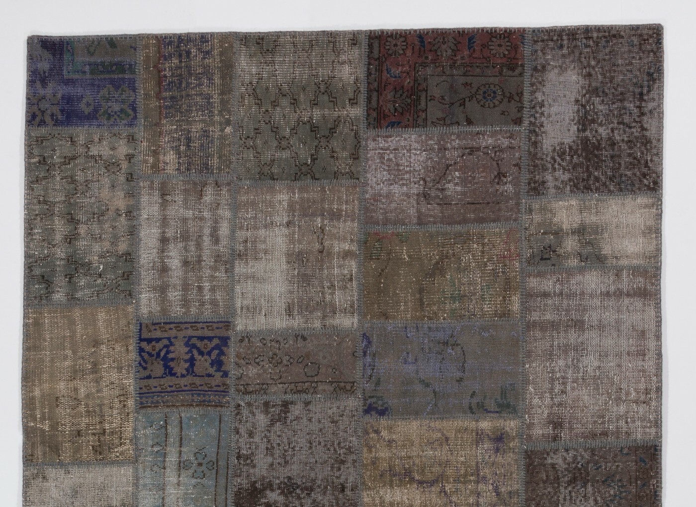 Contemporary Handmade Turkish Patchwork Rug in Shades of Gray, Brown and Blue gallery