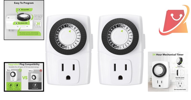 Indoor Mini Mechanical Outlet Timer 3-Prong 24-Hour 2-Pack for Lamps Devices gallery