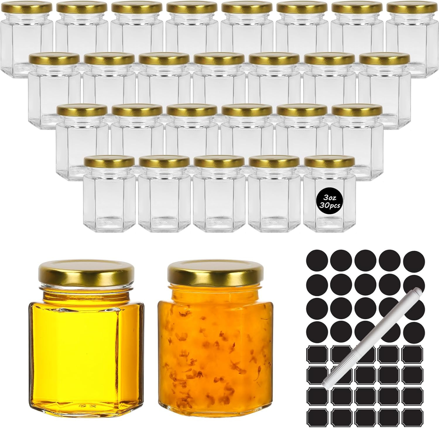 3 Oz Honey Jars,30 Pack Hexagonal Glass Jars with Gold Lids,90Ml Small Canning J gallery