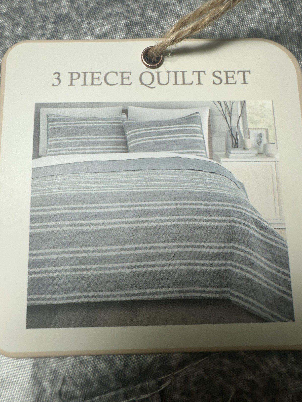Kingston Lane 3 Piece Quilt Set Full/Queen 86"x 86" Gray & White stripe 2 Shams gallery