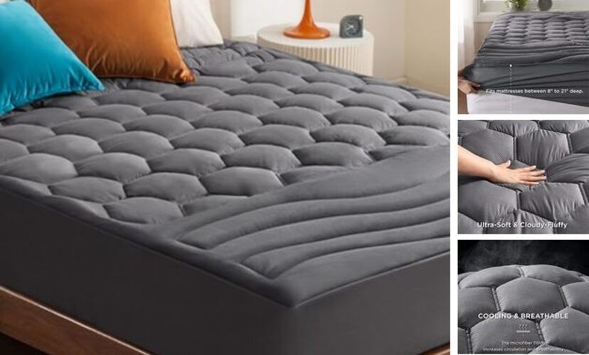 Bedsure RV Mattress Pad Cover - Quilted Fitted Mattress Topper Short Queen Grey gallery