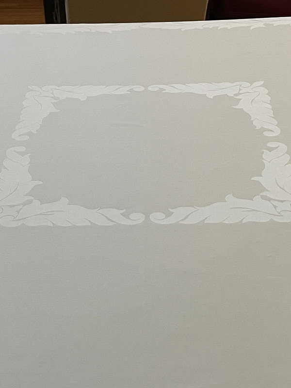 Tablecloth 64” square White Baroque Damask , Restaurant, wedding, communion gallery