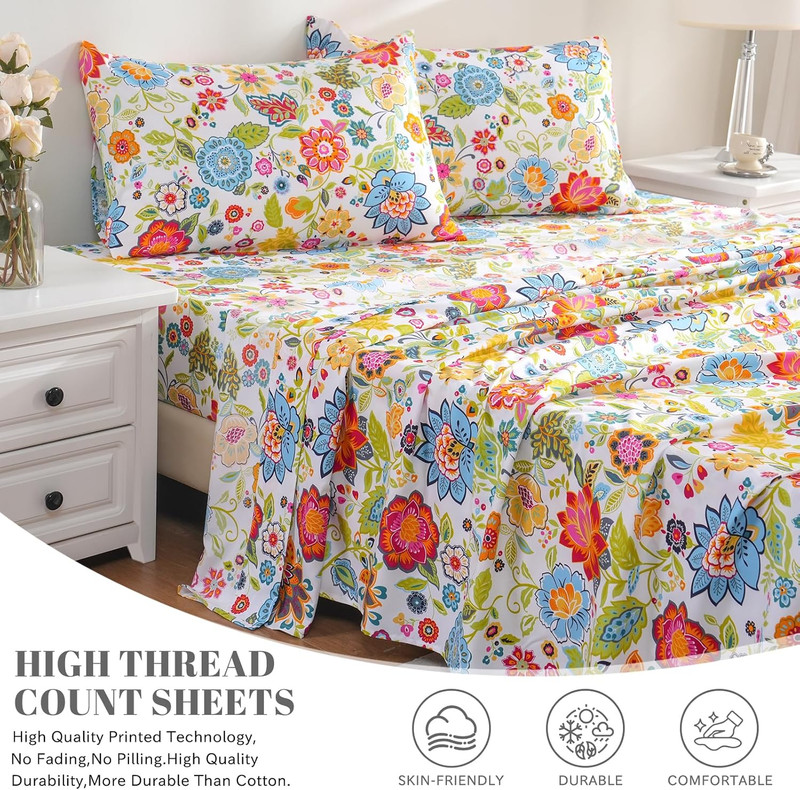 Queen Sheet Set Ultra Soft Breathable Silky Flower Bed Sheets Deep Pocket 100% M gallery