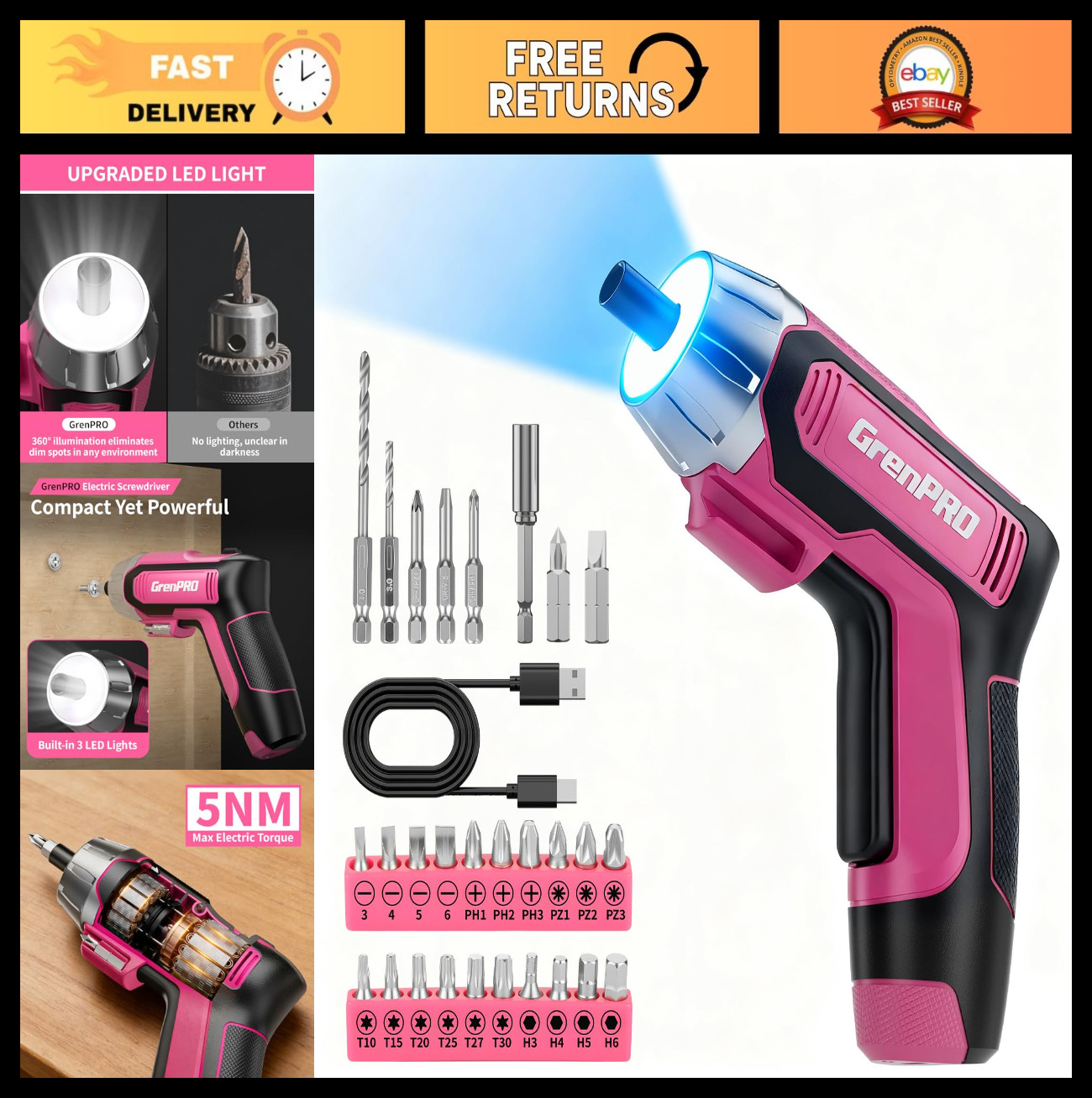 Rechargeable 4V Cordless Electric Screwdriver Set, 29pcs with USB Bits, Pink - H gallery