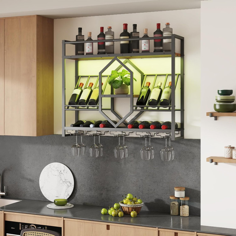 LED Wall Mounted Wine Rack, 3 Tier Shelf with Glass Holder, Rustic Brown & Black gallery