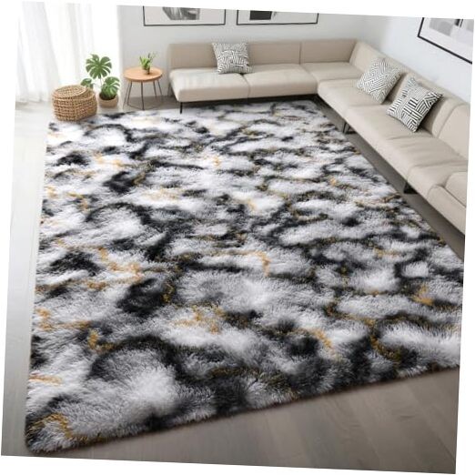 Fluffy Black White Gold Rugs for Bedroom Living Room, 4x6 Feet Soft Plush gallery