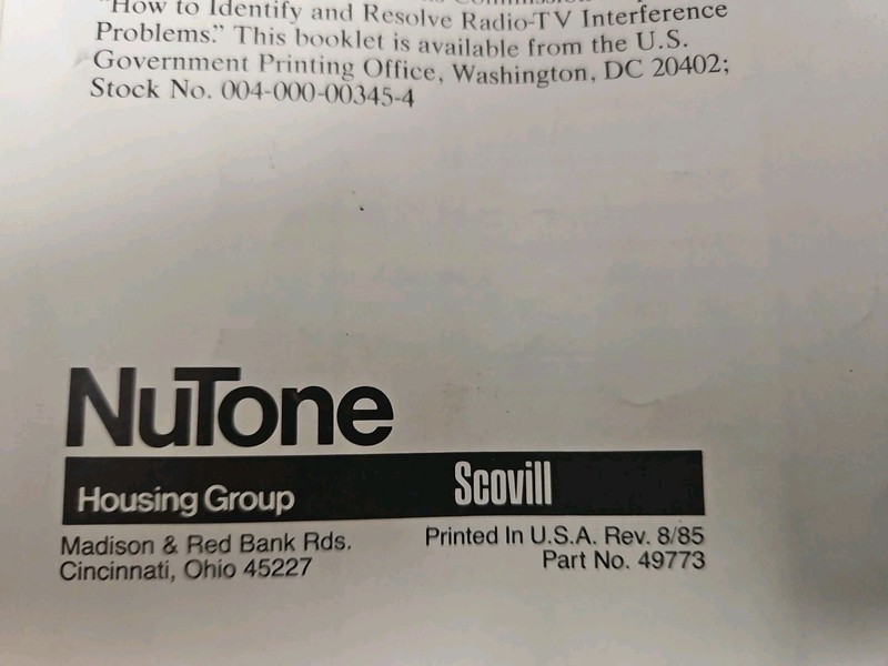 Nutone Nutech Digital Remote Control Model SX-3136 Users Manual Only {RARE} gallery