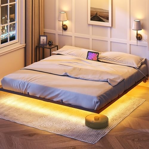 Floating Bed Frame Size, Bed Frame with Charging Station and LED Lights, King gallery