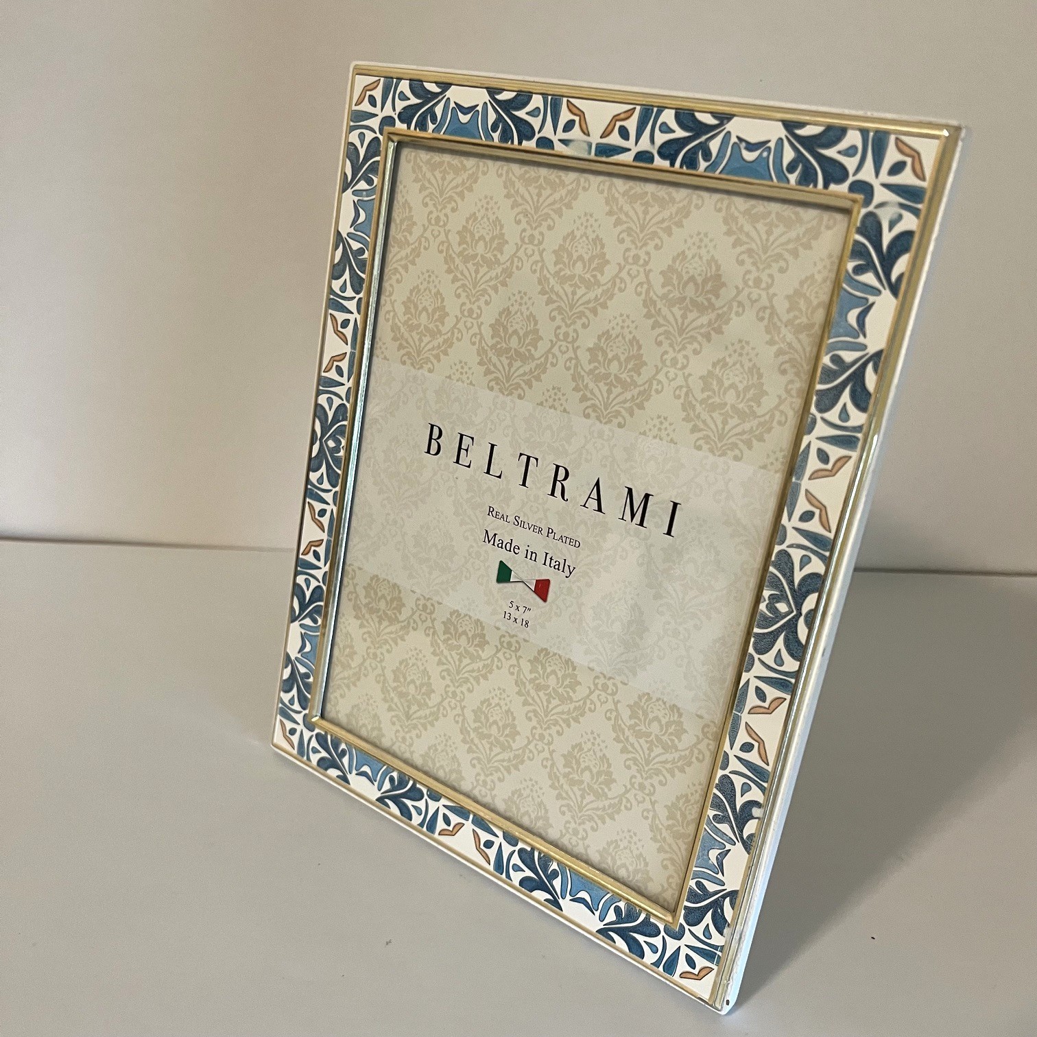 Beltrami Silver Plated 5x7 Picture Frame Blue Floral Made In Italy gallery