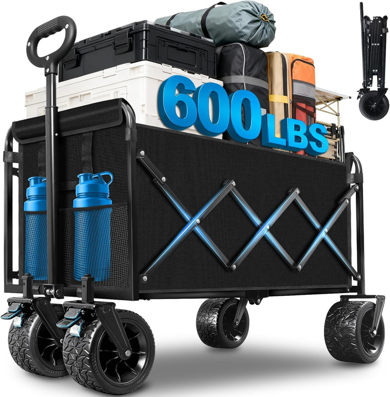 600LBS Beach Wagons Carts Foldable for Sand, Heavy Duty Collapsible Wagon with B gallery