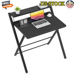 Folding Computer Desk Shelf Small Home Office Study Table Black Metal Legs New